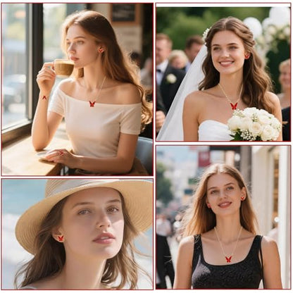 Butterfly Jewelry Set, Including Butterfly Necklace, Bracelet, Stud Earrings, and Adjustable Ring for Women - color: Red