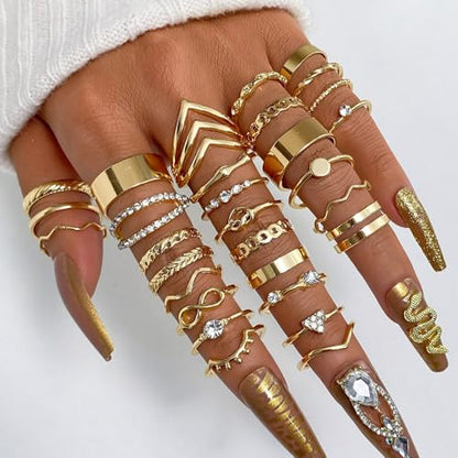 Gold Rings for Women Non Tarnish Stackable Rhinestone Moon Star Rings Dainty Stacking Pearl Butterfly Midi Pinky Thumb Joint Finger Knuckle Ring Set Gold Non Tarnish Jewelry Gifts Trendy Stuff - color: A Gold Stackable Rings 30Pcs