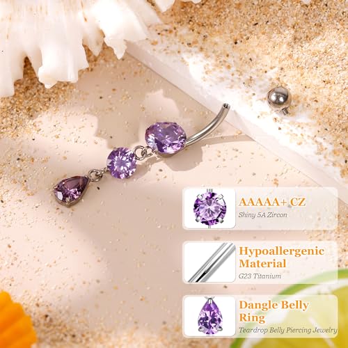 14G G23 Titanium Dangle Belly Button Ring for Women Dangling Navel Rings Hypoallergenic Teardrop Shiny CZ Belly Ring Internally Threaded Navel Piercing Jewelry - color: Purple