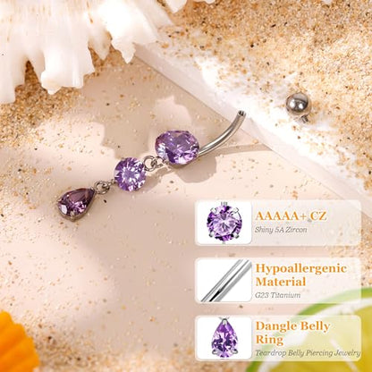 14G G23 Titanium Dangle Belly Button Ring for Women Dangling Navel Rings Hypoallergenic Teardrop Shiny CZ Belly Ring Internally Threaded Navel Piercing Jewelry - color: Purple