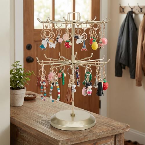 MyGift Brass Metal Rotating Jewelry Stand with 24 Hooks, 2 Tier | Stores Necklaces, Bracelets, Earrings, Keychains & Accessories with Smooth 360° Rotating Display Design - color: Brass (2 Tier)