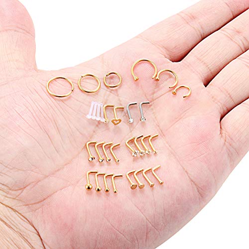 SCERRING 18G Stainless Steel L-Shaped Nose Stud Rings Tragus Lip Hoop Piercing Jewelry 1.5-3mm Clear CZ 8-30PCS - color: 30PCS - Gold