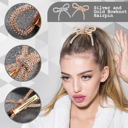 Daifunli 4 Pcs Bow Hair Clips Sparkly Crystal Rhinestone Bling Bowknot Clips Silver and Gold Barrette Hairpin Headwear Gifts for Women Girls Weddings Brides Birthdays and Valentine Gifts - style: Rhinestone
