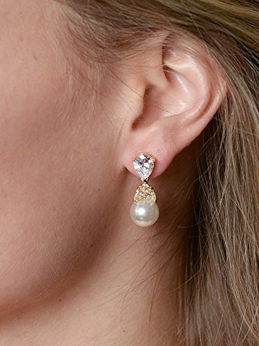 Mariell Clip-On Pearl Drop Bridal Earrings with Cubic Zirconia Crystals and Ivory Pearls For Brides, Bridesmaids, Weddings, Jewelry Gift for Women - color: Gold