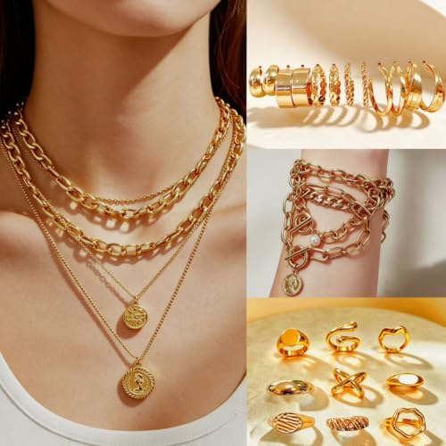 25 PCS Gold-Tone Jewelry Set for Women - 1 Layered Necklaces, 3 Stackable Bracelets, 6 Pairs Earrings, 9 Knuckle Rings, Trendy Gold Plated Layering Jewelry Set for Women Gift