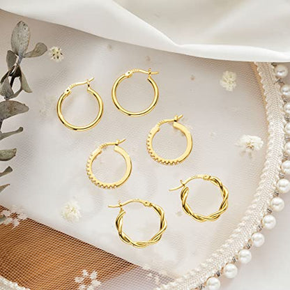 PABBEU 925 Sterling Silver Small Hoop Earrings Set for Women Hypoallergenic | 3Pairs Cubic Zirconia Small Huggie Hoop Earrings Set 13/15/20mm,Nickel-Free Lightweight Comfortable Sleeper Earrings Gift Set - color: 13/15/20mm HMT Gold
