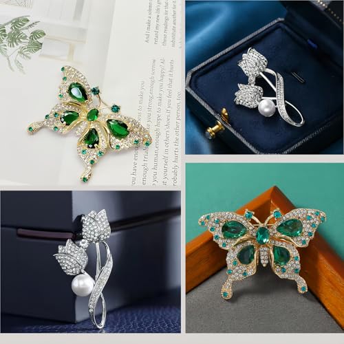 2pcs Rhinestone Brooch Pin for Women Dress Elegant Stylish Crystal Brooches Fashion Accessories Pins Lapel Boutonniere Ideas Wedding Christmas Birthday Jewelry Easter Gift - color: 12 Green Butterfly/Silver