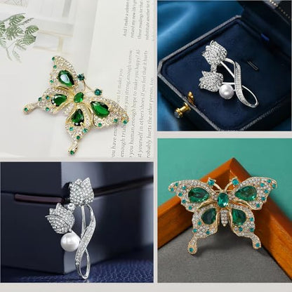 2pcs Rhinestone Brooch Pin for Women Dress Elegant Stylish Crystal Brooches Fashion Accessories Pins Lapel Boutonniere Ideas Wedding Christmas Birthday Jewelry Easter Gift - color: 12 Green Butterfly/Silver