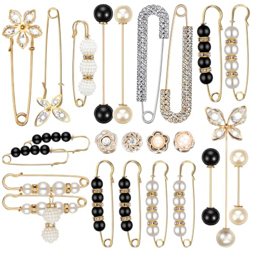 cobee 24 Pcs Pearl Brooch Pins, Crystal Safety Pin Button with Storage Box | Pant Waist Tightener Clip Sweater Shawl Hat Clips for Women Clothing Dress Cardigan Scarf Bag