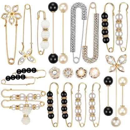 cobee 24 Pcs Pearl Brooch Pins, Crystal Safety Pin Button with Storage Box | Pant Waist Tightener Clip Sweater Shawl Hat Clips for Women Clothing Dress Cardigan Scarf Bag