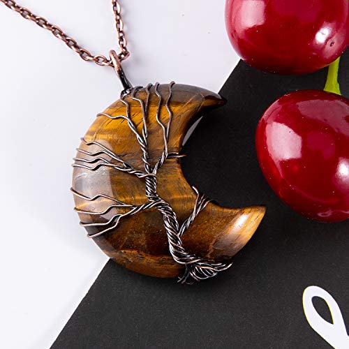 Bivei Life Tree Crescent Moon Necklaces for Women | Copper Wire Wrap Gemstones Pendant Crystals and Natural Stones Necklace Witch Jewellery Christmas Valentine's Day for Friends - color: Brown - Tiger Eye Stone, style: Pack of 1