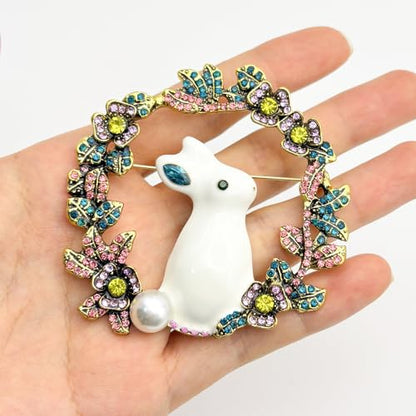 Cute Rabbit Rhinestone Brooch Pin for Women Girls, Fashion Crystal Bunny Animal Wreath Brooch Lapel Pins Dainty Clothes Accessory Jewelry Gift for Easter Day Birthday Party