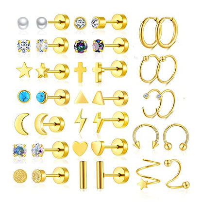 38Pcs Stainless Steel Earrings Set for Women Men 14K Gold Plated Small Flat Back Stud Earrings Hoop Earrings Women Men Hypoallergenic Cubic Zirconia Earrings Cartilage Earrings Rook Daith Tragues Lobe Conch Septum Piercing Jewelry - color: A:Gold
