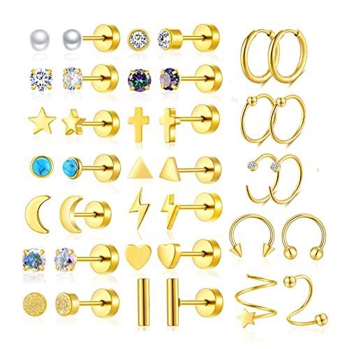 38Pcs Stainless Steel Earrings Set for Women Men 14K Gold Plated Small Flat Back Stud Earrings Hoop Earrings Women Men Hypoallergenic Cubic Zirconia Earrings Cartilage Earrings Rook Daith Tragues Lobe Conch Septum Piercing Jewelry - color: A:Gold