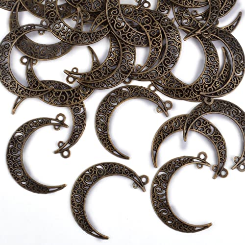 40pcs Hollow Moon Charms Luna Crescent Symbol Pendants Tibetan Alloy Filigree Celestial Charms for DIY Earrings Necklace Bracelet Jewelry Making, Antique Bronze - color: Bronze