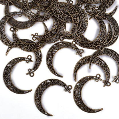 40pcs Hollow Moon Charms Luna Crescent Symbol Pendants Tibetan Alloy Filigree Celestial Charms for DIY Earrings Necklace Bracelet Jewelry Making, Antique Bronze - color: Bronze