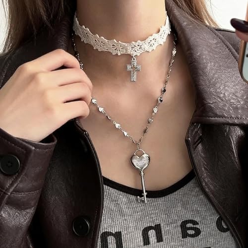 White Lace Cross Strap Key Choker Necklace for Women Cool Heart Chain Double Layer Necklace Fashion Party Jewelry Gift