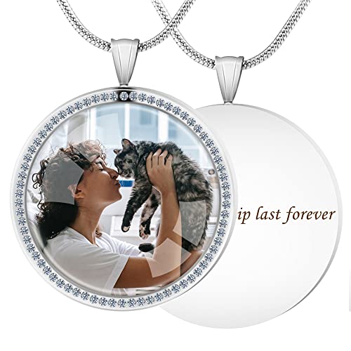 Farfume Personalized Photo Necklace for Women/Men, Memorial Jewelry Gifts | Holds 2 Pictures Pendant, Custom Engraved Text, Beautiful Locket for Girls, Durable Stainless Steel, Mothers Day Gifts - color: Diamond Round Necklace