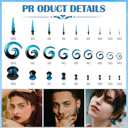 54/102Pcs Ear Stretching Kit 14G-00G Acrylic Ear Gauge Stretching Kit with Heart Plugs Gauge Tapers Ear Tunnels Horseshoes Taper Spiral Tapers Gauges Ear Expanders for Men Women - color: Black & Blue