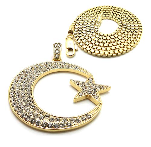 Fashion 21 Unisex Iced Out Crescent Moon & Star Pendant 24" Various Chain Necklace in Gold, Silver Tone - color: Gold / 2mm 24" Box Chain