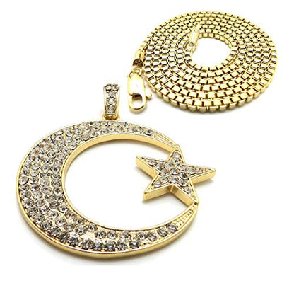 Fashion 21 Unisex Iced Out Crescent Moon & Star Pendant 24" Various Chain Necklace in Gold, Silver Tone - color: Gold / 2mm 24" Box Chain