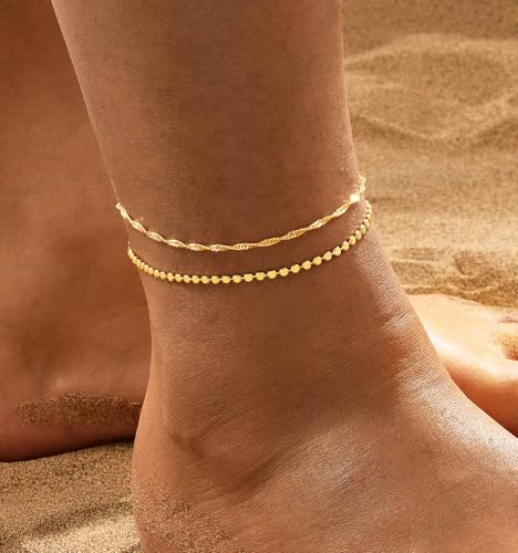 Warshion Ankle Bracelets for Women - 14K Gold Plated Waterproof Gold Anklet Delicate Chain Women's Anklets Summer Beach Pearl Jewelry Layering Gift Non Tarnish - color: ANKLETS-D-GD