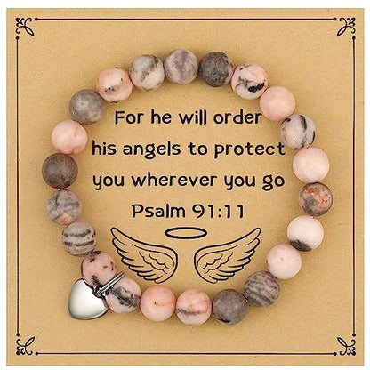 MIXJOY Inspirational Gifts for Women, Heart Charm Pink Elastic Beads Bracelet, Positive Affirmations Get Well Soon Gifts - style: steel heart will order Psalm pink