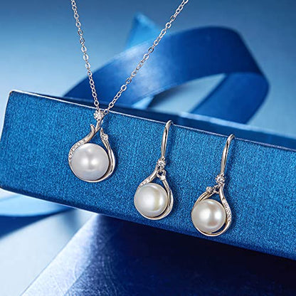 EleQueen 925 Sterling Silver CZ Freshwater Cultured Pearls Bridal Pendant Necklace Earrings Wedding Jewelry Sets, Valentine's Day/Mother's Day/Christmas Gift - style: Pearl Necklace Drop Earrings