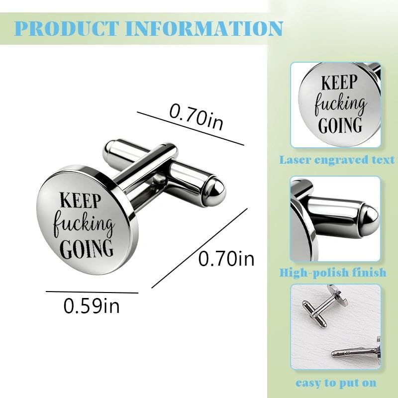 Silver Cufflinks for Men Wedding Engagement Gifts for Him Cuff Links 2Pcs Round Stainless Steel Engraved Cufflink for Shirt - color: Keep Fucking Going