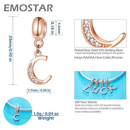 EMOSTAR Letter Charms Initial A-Z Alphabet Beads, Rose Gold 925 Sterling Silver Dangle CZ Birthstone Pendant, Gifts for European Charm Bracelet/Mothers Day/Birthday - color: Letter C