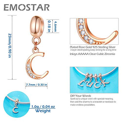 EMOSTAR Letter Charms Initial A-Z Alphabet Beads, Rose Gold 925 Sterling Silver Dangle CZ Birthstone Pendant, Gifts for European Charm Bracelet/Mothers Day/Birthday - color: Letter C
