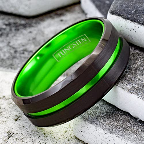 Personalized Engraved 6mm/8mm Black Tungsten Carbide Band Ring w/Bright Lime Green Stripe & Matching Lime Green Anodized Aluminum Inner Band feat. Comfort Fit.