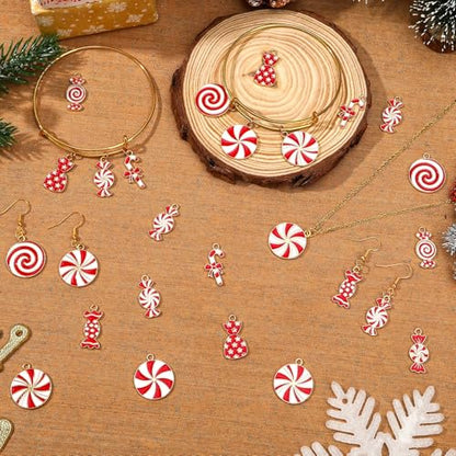 60Pcs Christmas Charms, Candy Cane Charms for Jewelry Making | Alloy Enamel, Christmas DIY Crafts, Holiday Earring Necklace Bracelet Jewelry Making, Xmas Red White Candy Pendants - style: Christmas Candy Charms