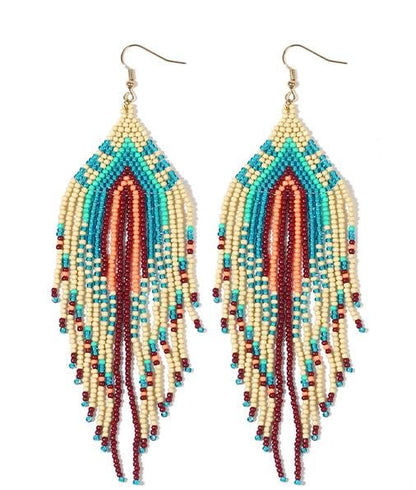 Bohemian Tassel Colorful Beaded Earrings For Women Trendy, Long Fringe Feather Drop Jewelry Handmade Gifts. - color: color2