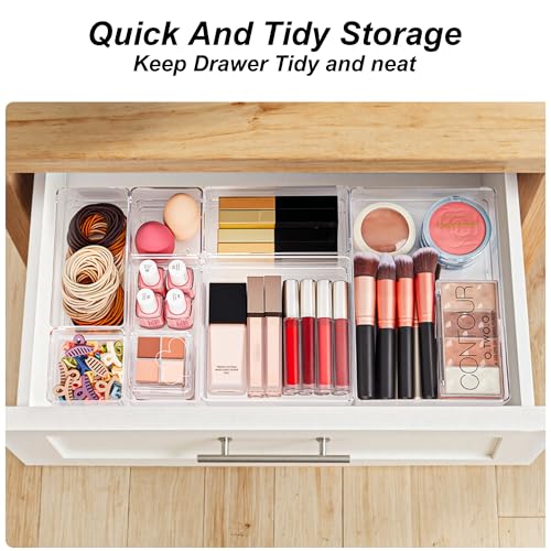 SMARTAKE 7 PCS Drawer Organizer, 4-Size Desk Drawer Organizer Trays | Storage Tray with Non-Slip Silicone Pads for Makeup, Jewelries, Utensils in Bedroom Dresser, Office and Kitchen (Clear) - style: 7 PCS