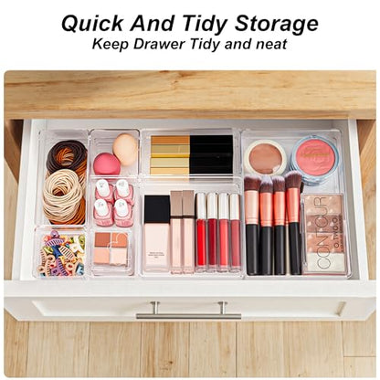 SMARTAKE 7 PCS Drawer Organizer, 4-Size Desk Drawer Organizer Trays | Storage Tray with Non-Slip Silicone Pads for Makeup, Jewelries, Utensils in Bedroom Dresser, Office and Kitchen (Clear) - style: 7 PCS