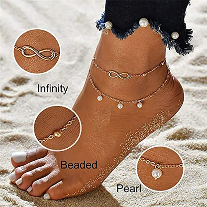 Jean Beau Infinity Beach Anklet bracelet for Women Teen Boho Waterproof Double Layered Dainty Beads Chain Charm Ankle Pearl dangling foot Jewelry Gift - color: Gold