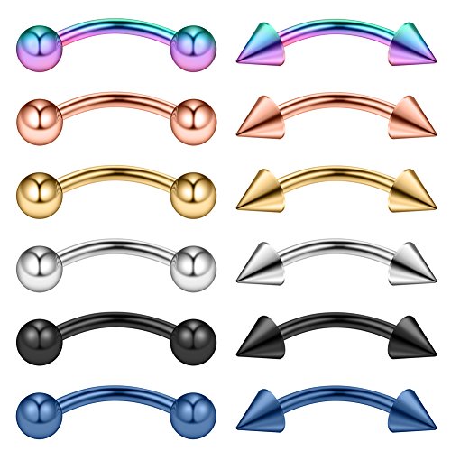 Ruifan 12PCS 14G Surgical Steel Eyebrow Ear Navel Belly Lip Ring Body Piercing Jewelry - style: 12mm w Balls & Spikes