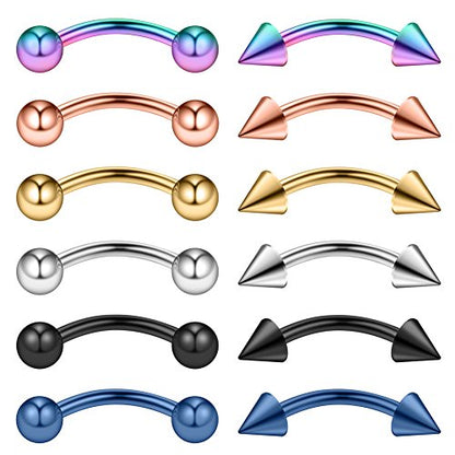 Ruifan 12PCS 14G Surgical Steel Eyebrow Ear Navel Belly Lip Ring Body Piercing Jewelry - style: 12mm w Balls & Spikes