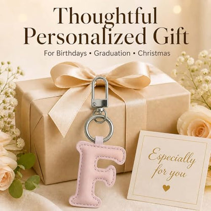 Initial Letter Keychain,Stainless Steel,Colorful Faux Leather Keyring for Backpack,Purse,Car Keys,Gift for Men Women - color: F