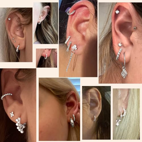 Fiusem 14K Gold Plated Huggie Hoop Earrings for Women | 8/10/12 Hypoallergenic Small Twisted beaded Huggie Earrings - color: Silver Twisted, size: 8MM
