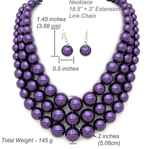 Fashion 21 Women's Faux Pearl Three Multi-Strand Statement Necklace and Earrings Set - color: Purple