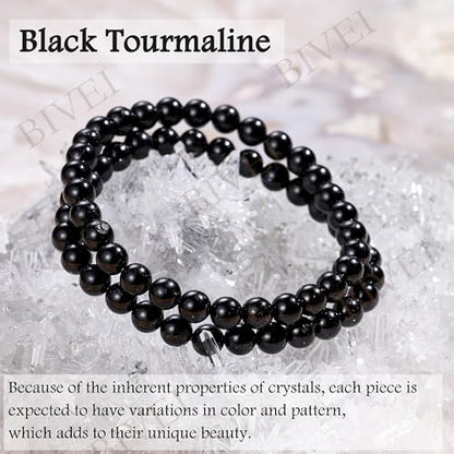 Bivei 6mm Beaded Bracelets for Women Handmade Semi Precious Natural Stone Stretch Elastic Jewelry Yoga Protection Gifts - color: Black Tourmaline - Protection & Grounding, size: Small 6.5-6.7 inch
