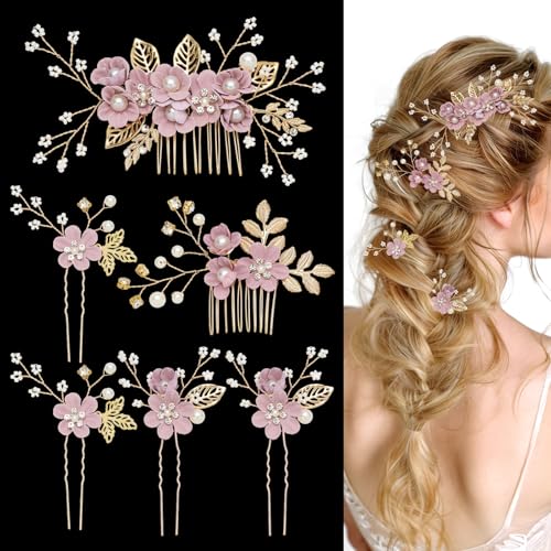 6 Pcs Bridal Hair Accessories French Hair Side Combs and Hair Pins,Gold Wedding Jewelry Headpiece with Rhinestone for Brides Bridesmaids Women Girls(Purple Flower） - color: Purple