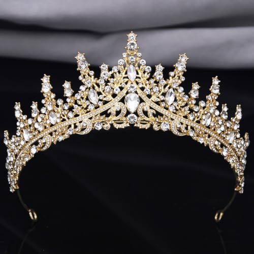Women Tiaras and Crowns Bridal Jewelry Set with Rhinestones, Gold Plated Floral Necklace Tiara and Earrings, Wedding Birthday Party Accessories - color: Gold White
