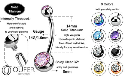 OUFER Titanium Belly Button Rings, Internally Threaded Belly Ring, Round CZ Navel Rings for Women Men - color: Pink, size: 1.6*14MM