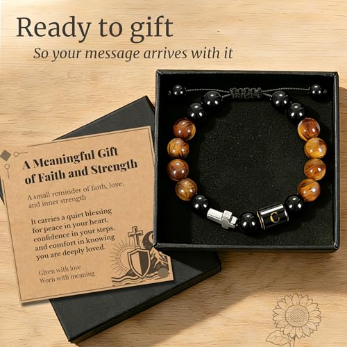 Initial Mens Bracelet with Cross - Religious Faith Beaded Bracelt Gift for Him Man Male Friend, Adjustable Tiger Eye Black Onyx Beads Braclet for Birthday Confirmation Sponsor Anniversary - color: Braided Rope-C