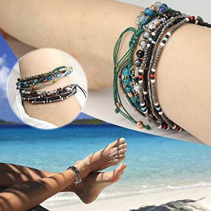 Boho Bracelets Anklets for Women Beaded - Adjustable Bohemian Anklets for Woman Handmade Beaded Braided Beach Bracelet Anklet(Green Color)
