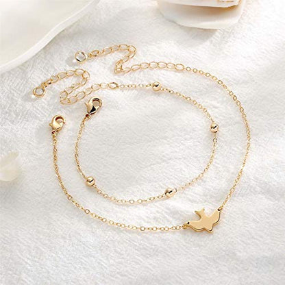 Dainty Gold Bracelets for Women, 14K Gold Plated Adjustable Layered Beads Bracelet Cute Evil Eye Oval Chain Pearl Bar Turtle Gold Bracelets for Women Jewelry - style: Dove&Beads Chain