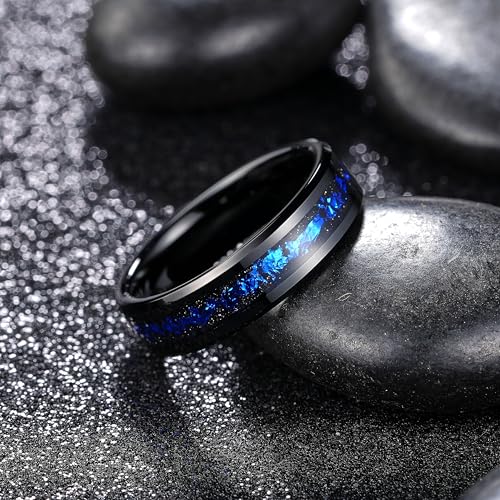 King Will Mens Wedding Band with Foils Inlay, Black/Silver/Gold Beveled Edge Glowstone Ring, 6mm/8mm Tungsten Carbide Rings Comfort Fit - color: Black&Blue-6mm